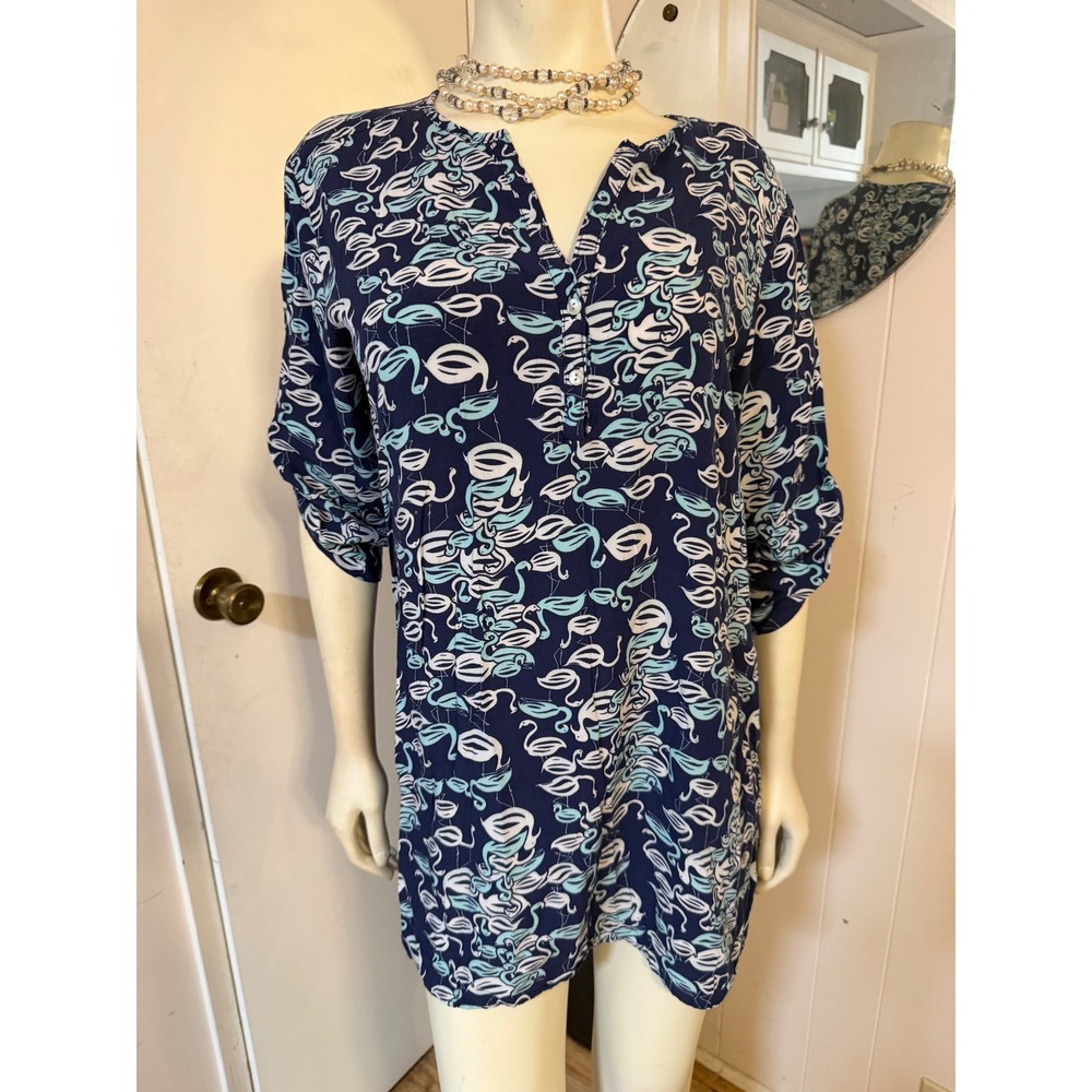 Josie Natori Navy Flamingo Print Roll Tab Sleeve Tunic Top Rayon L